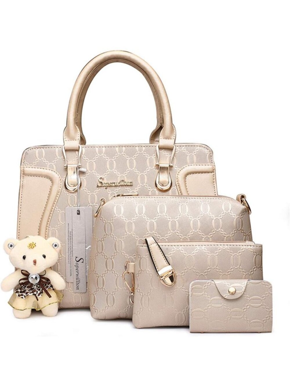 Women's Gold 4Pc Handbag Set Tote Shoulder Satchel Purse with Bear Charm